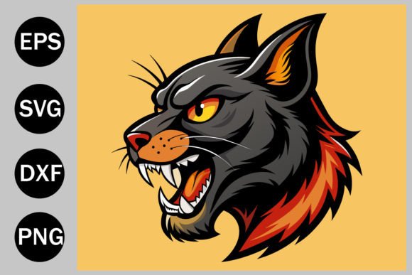 Angry Black Cat Side Profile Head in Old Graphics