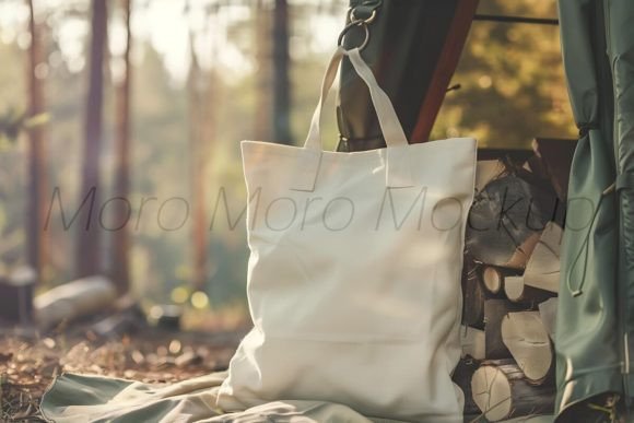 Camping White Tote Bags Mockup for Branding and Graphics