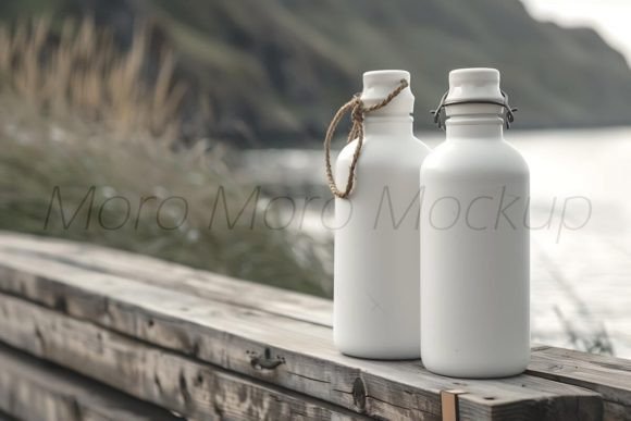 Camping White Water Bottles Mockup for Graphics and Bottles Amp